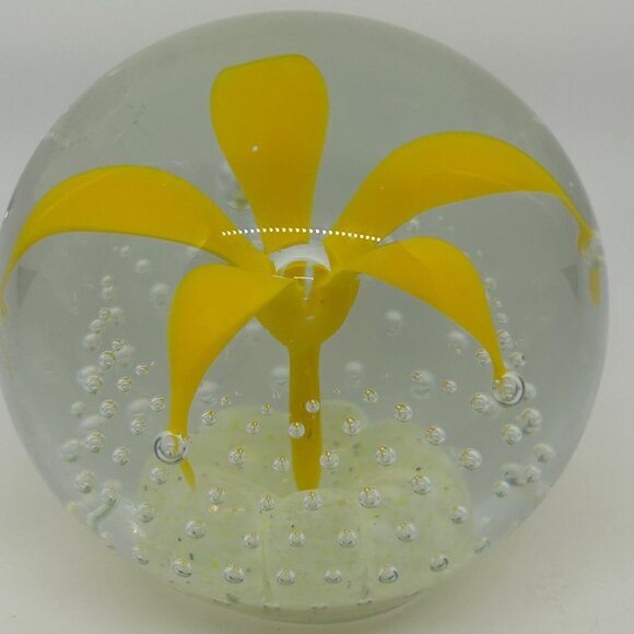 Wheaton Glass Controlled Bubble Paperweight With Yellow Flower Design - Picture 11 of 16
